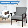 Gray fabric accent armchair with solid rubber wood frame, ergonomic armrest, and non-slip foot pads for stability.