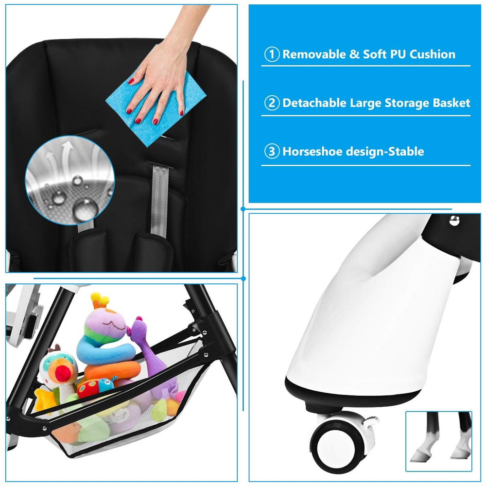 A-Shaped high chair in black with removable PU cushion, 4 lockable wheels, and large storage basket for easy mobility.