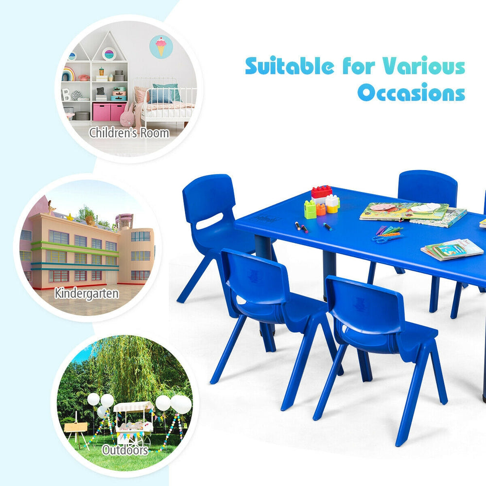 Blue stackable plastic classroom chairs for kids, ASTM certified, ideal for indoor and outdoor use in various settings.