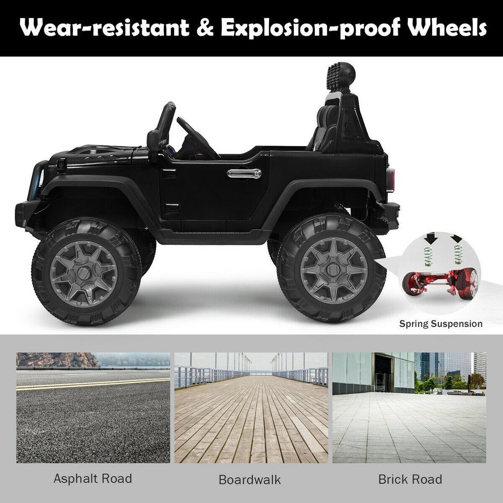 Black 12V kids ride-on truck with explosion-proof wheels, remote control, and spacious seat for outdoor fun.