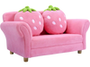 Kids strawberry armrest chair sofa in pink with plush strawberry pillows, ideal for kids' slumber parties and.