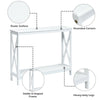 White 2-tier console table with X-design, sturdy P2 MDF, open shelf for storage, ideal for living rooms and entryways.