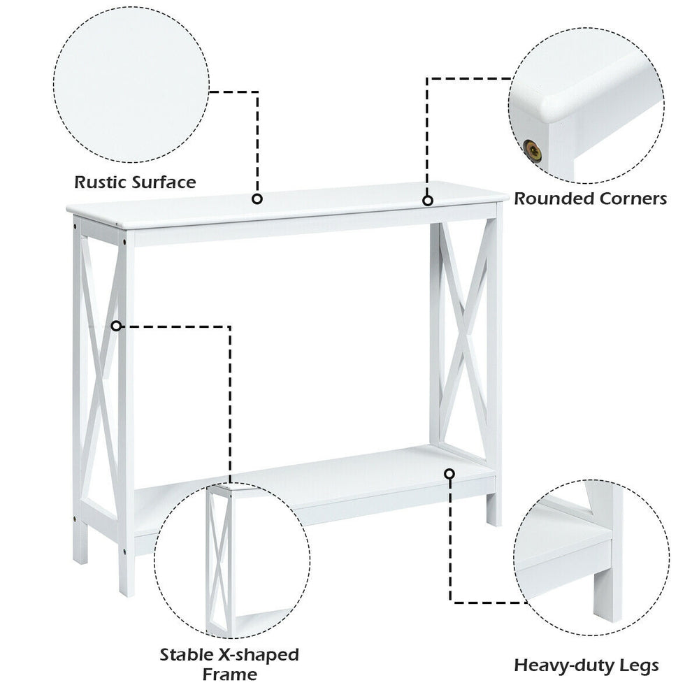 White 2-tier console table with X-design, sturdy P2 MDF, open shelf for storage, ideal for living rooms and entryways.