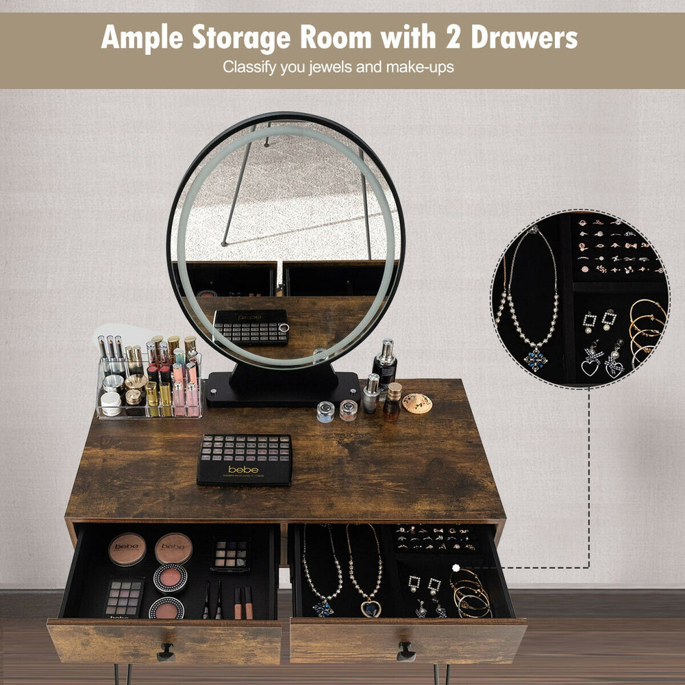 Industrial makeup dressing table in rustic brown with touch screen mirror, two drawers, and matching stool for storage.