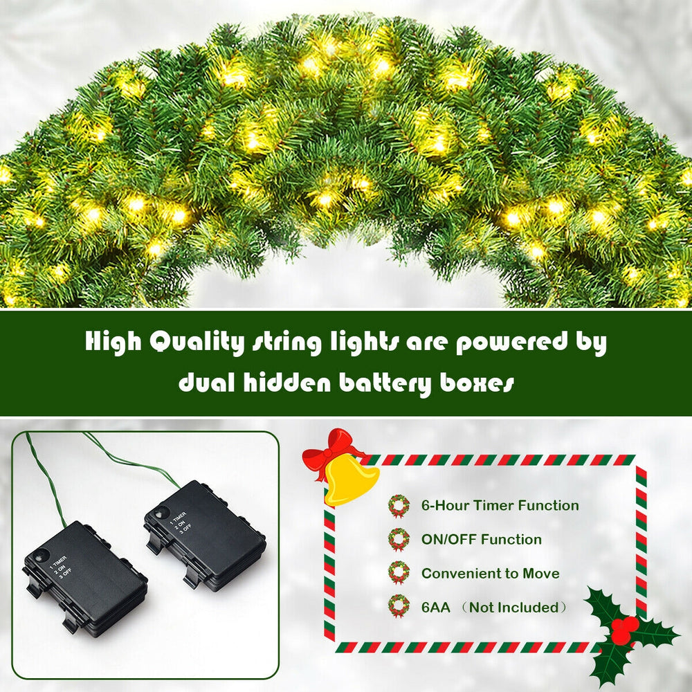 48-inch pre-lit artificial Christmas wreath with 200 warm LED lights, 714 tips, and durable PVC material for festive.