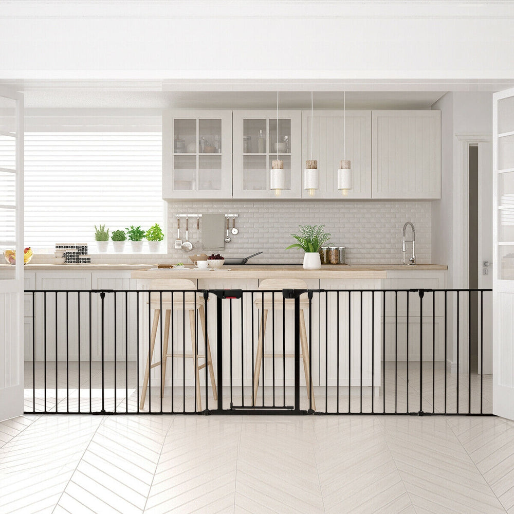 5-panel adjustable black fireplace fence made of heavy-duty steel, ideal as a baby gate or pet barrier for indoor use.