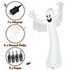 12 feet Halloween inflatable spooky ghost with LED lights, equipped with ground stakes and ropes for outdoor stability.