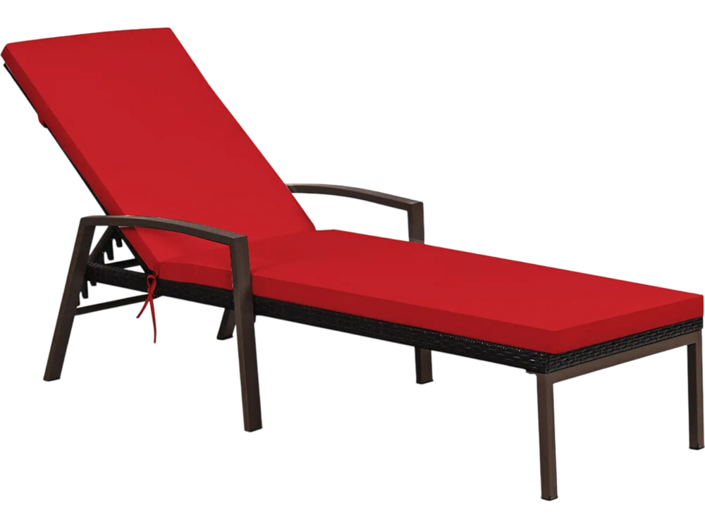 Side view of the red patio rattan lounge chaise recliner showcasing its sturdy steel frame and adjustable backrest for.
