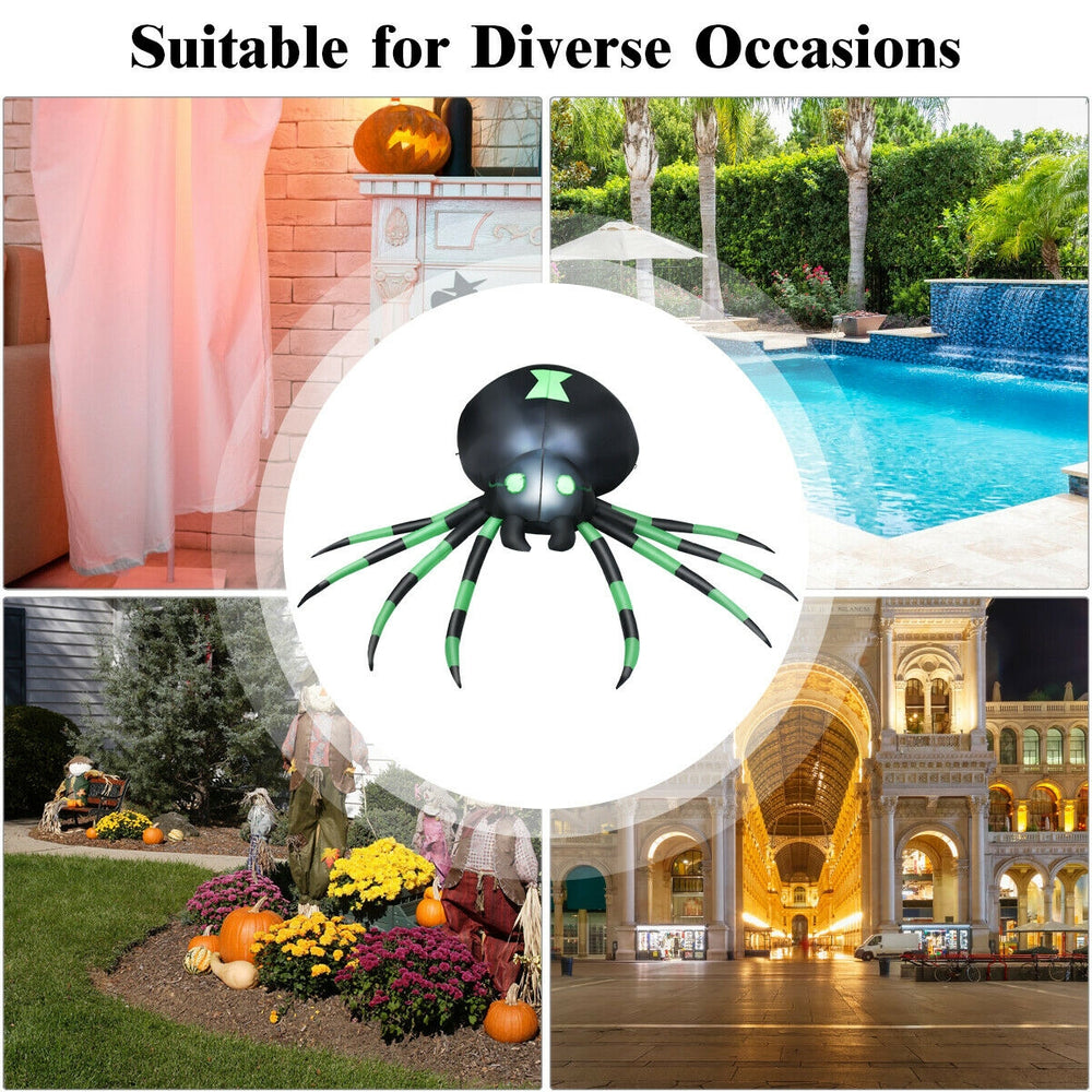6 feet Halloween inflatable blow-up spider with LED lights, durable polyester, suitable for indoor and outdoor decor.