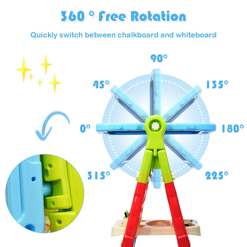 Height adjustable kids art easel with 360° rotation, featuring a magnetic whiteboard and chalkboard for creative fun.