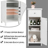 Wooden bathroom floor storage cabinet in pure white with a drawer, adjustable shelf, and fixed upper shelf for.