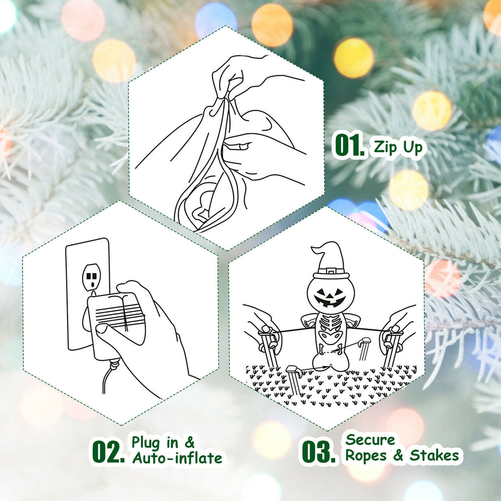 Inflatable Christmas tree decoration with LED lights, waterproof, stable with sandbag, ropes, and stakes for outdoor.