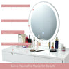 Touch screen lighted mirror with elliptical design on a white vanity table, featuring organized makeup and adjustable.