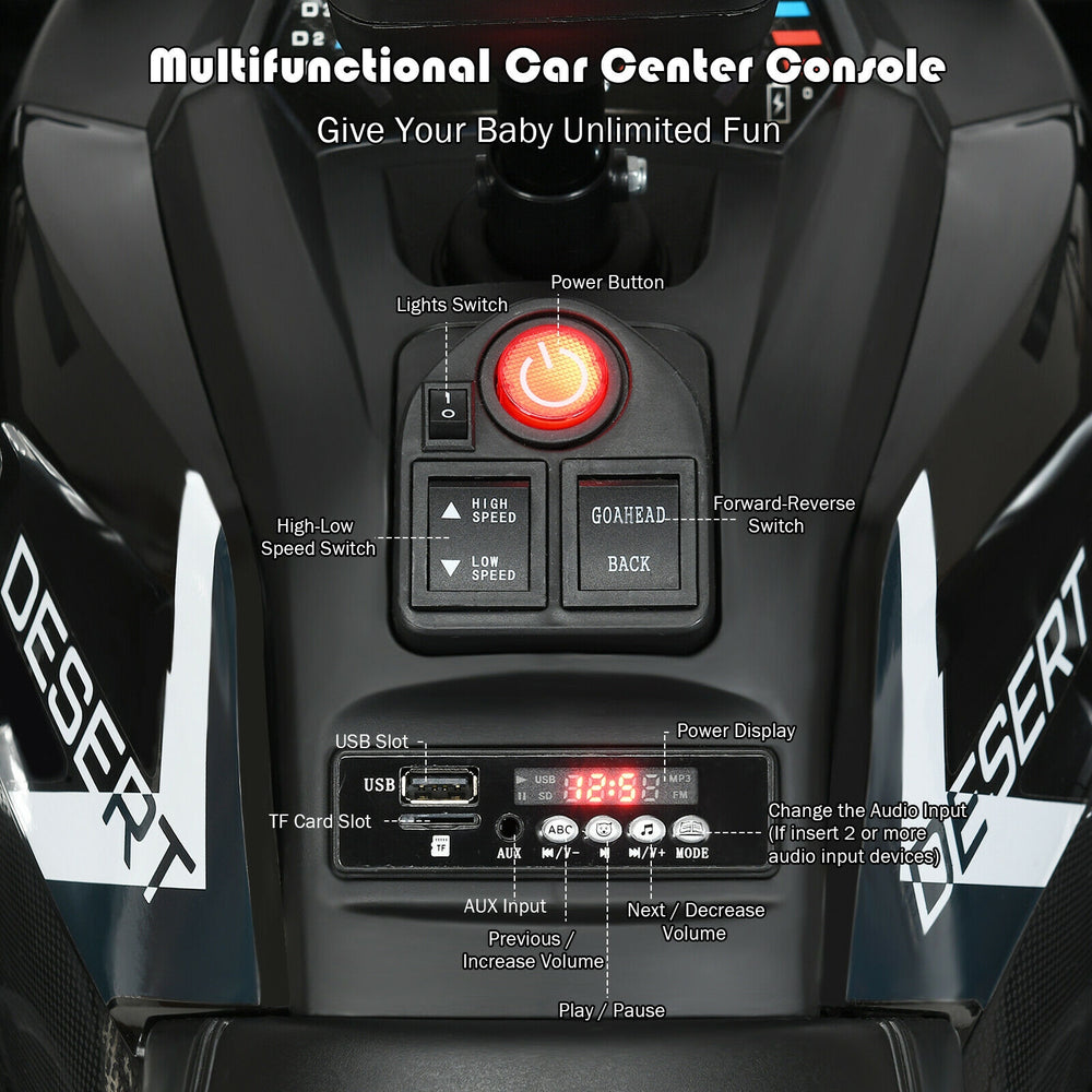 Multifunctional car center console of the 12V kids electric ATV with power button, USB slot, and audio controls for fun.