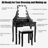 Vanity dressing table set in black with 10 dimmable bulbs, 360° mirror, and cushioned stool for comfortable use.
