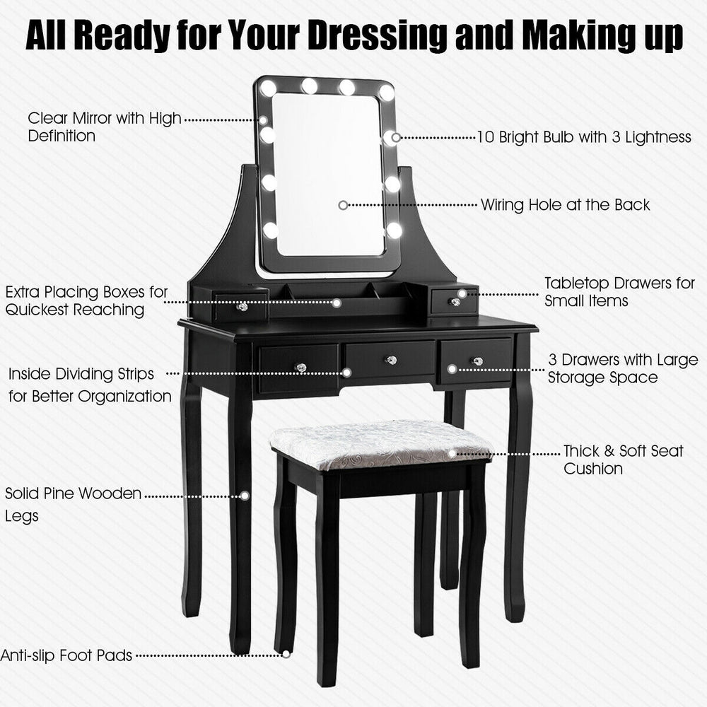 Vanity dressing table set in black with 10 dimmable bulbs, 360° mirror, and cushioned stool for comfortable use.