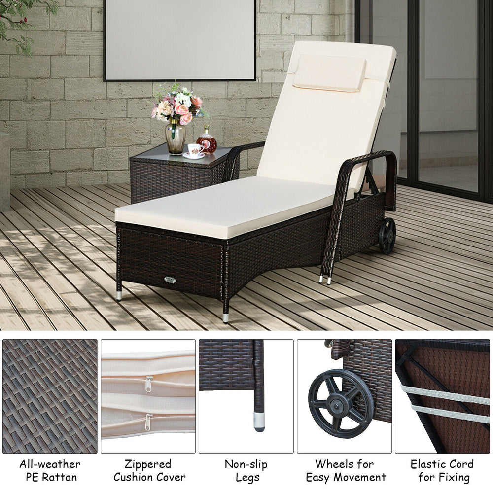 Outdoor rattan chaise lounge with adjustable backrest, cushioned seat, and wheels for easy movement, perfect for patio.