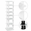 7-tier wooden shoe storage rack in white, designed for organizing shoes in hallways or rooms, featuring a sleek.