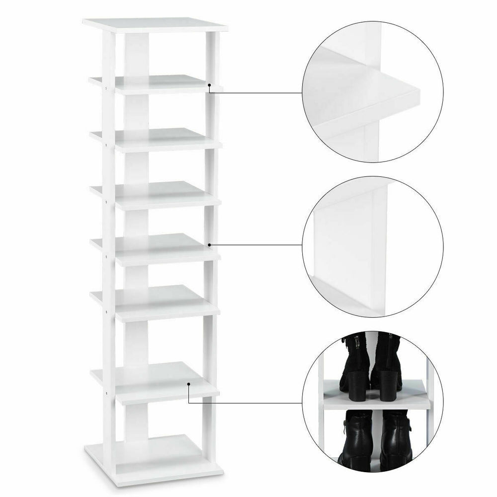7-tier wooden shoe storage rack in white, designed for organizing shoes in hallways or rooms, featuring a sleek.