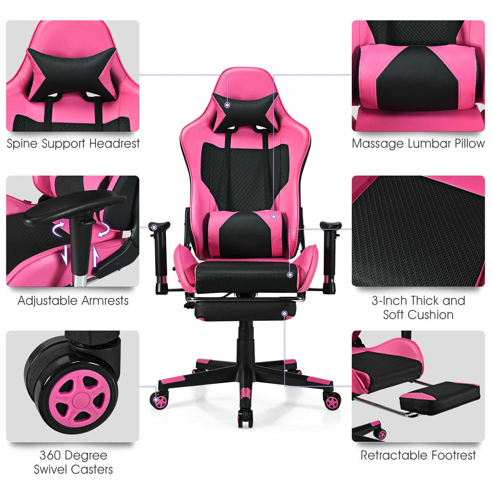 Pink PU leather gaming chair featuring adjustable armrests, USB massage lumbar pillow, and retractable footrest for.