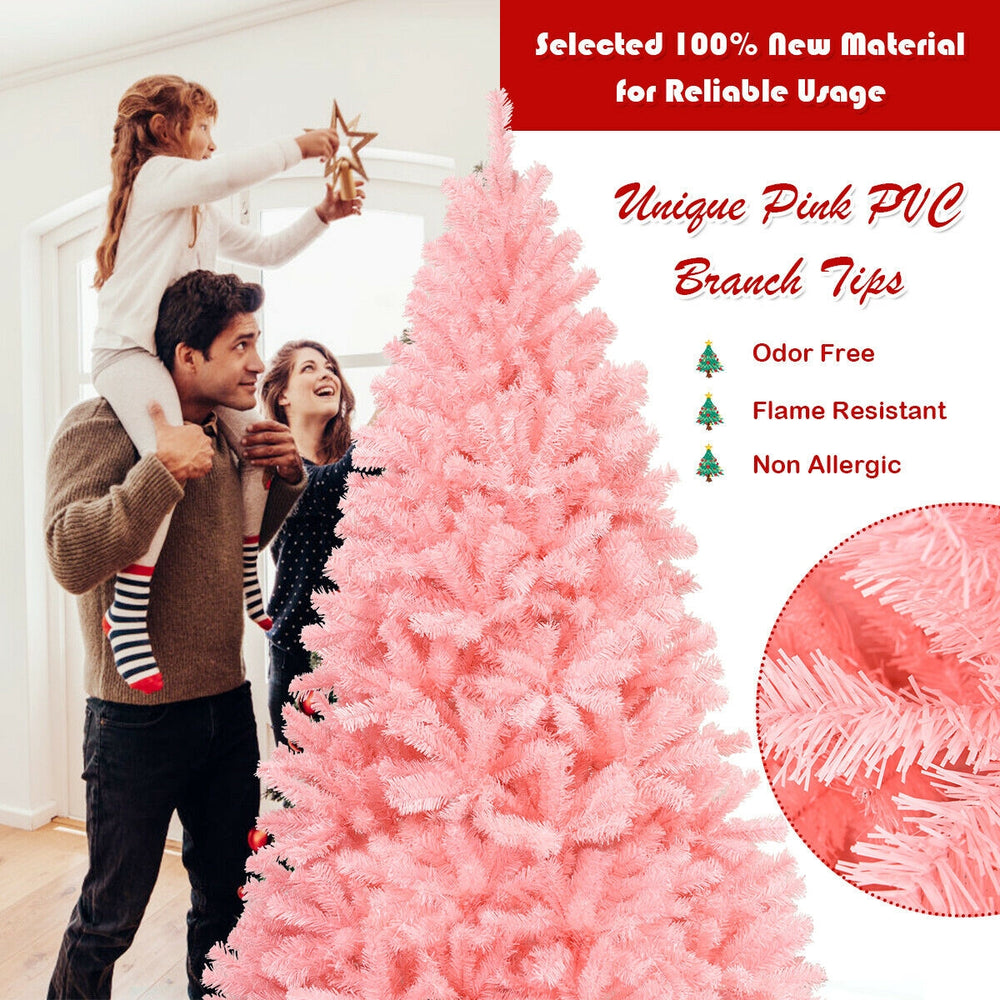 6 feet pink artificial Christmas tree with hinged branches, odor-free PVC material, perfect for festive decorations.