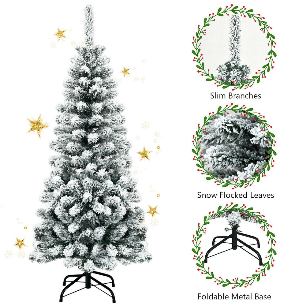 4.5 feet snow flocked artificial pencil Christmas tree with 242 branch tips, ideal for small spaces and easy to set up.