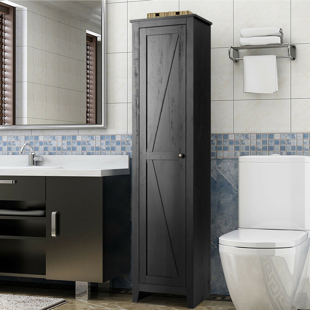 Tall black linen tower bathroom storage cabinet with four shelves, ideal for organizing small spaces in various home.