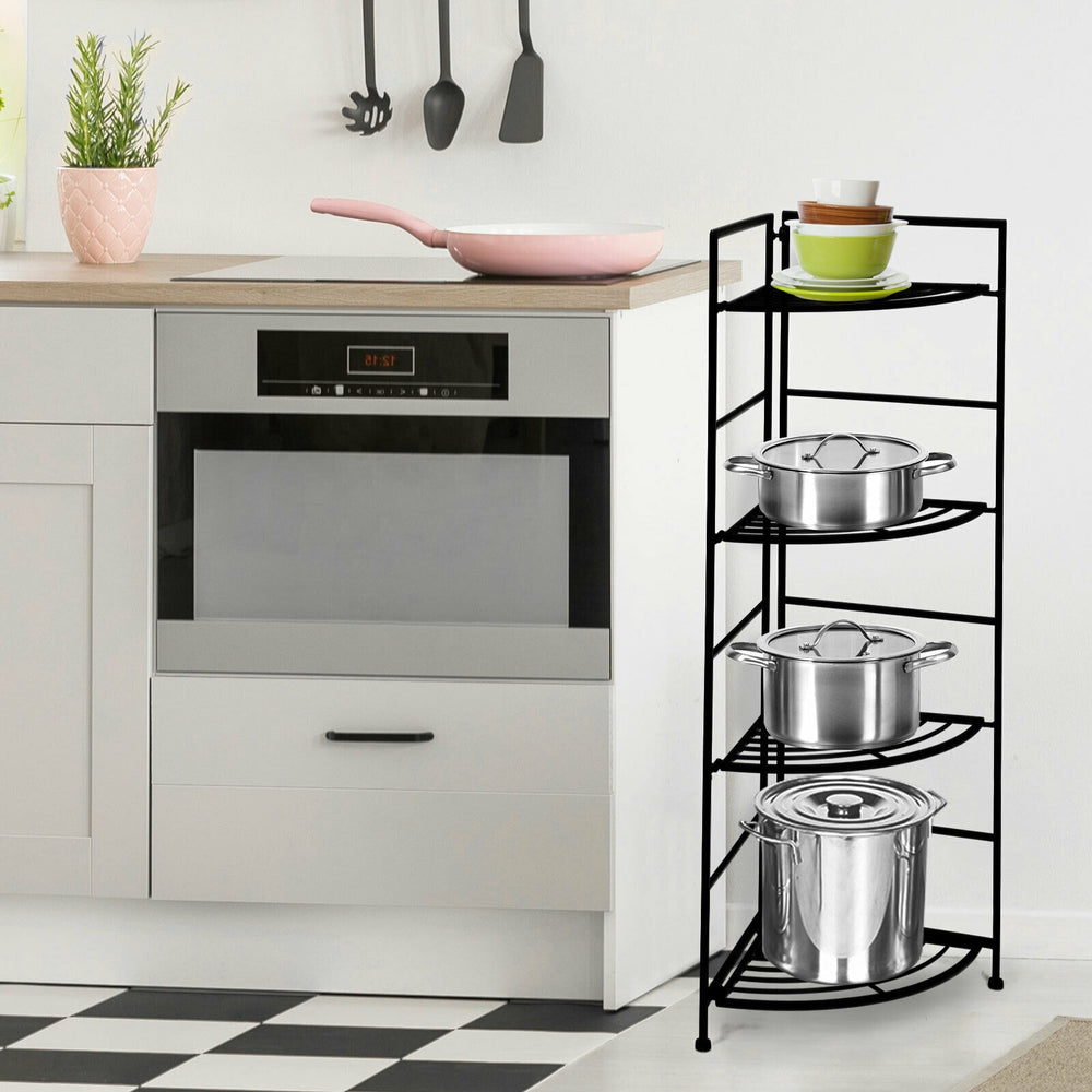 4-tier folding metal shelf in black, featuring a sturdy design for plant display and storage in any corner of your home.