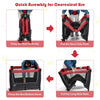 4-in-1 convertible portable baby play yard in red, featuring quick assembly steps for easy setup and use.