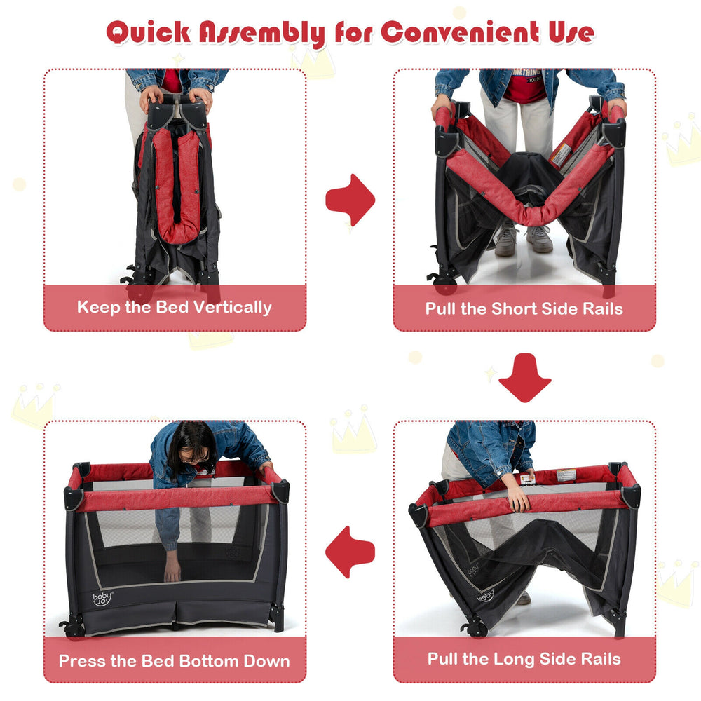 4-in-1 convertible portable baby play yard in red, featuring quick assembly steps for easy setup and use.