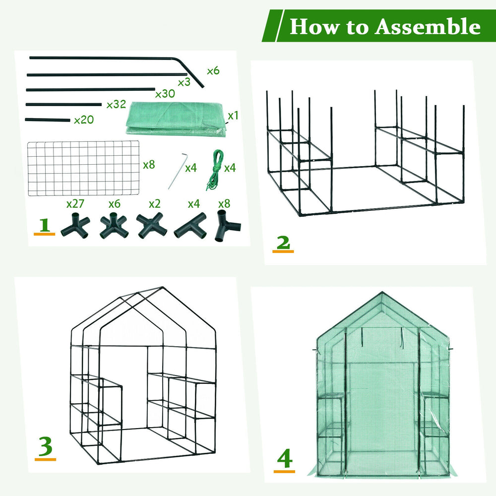 Assembly instructions for the Walk-in Greenhouse, featuring components like frames, shelves, and observation windows.