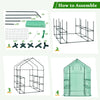 Assembly instructions for the Walk-in Greenhouse, featuring components like frames, shelves, and observation windows.