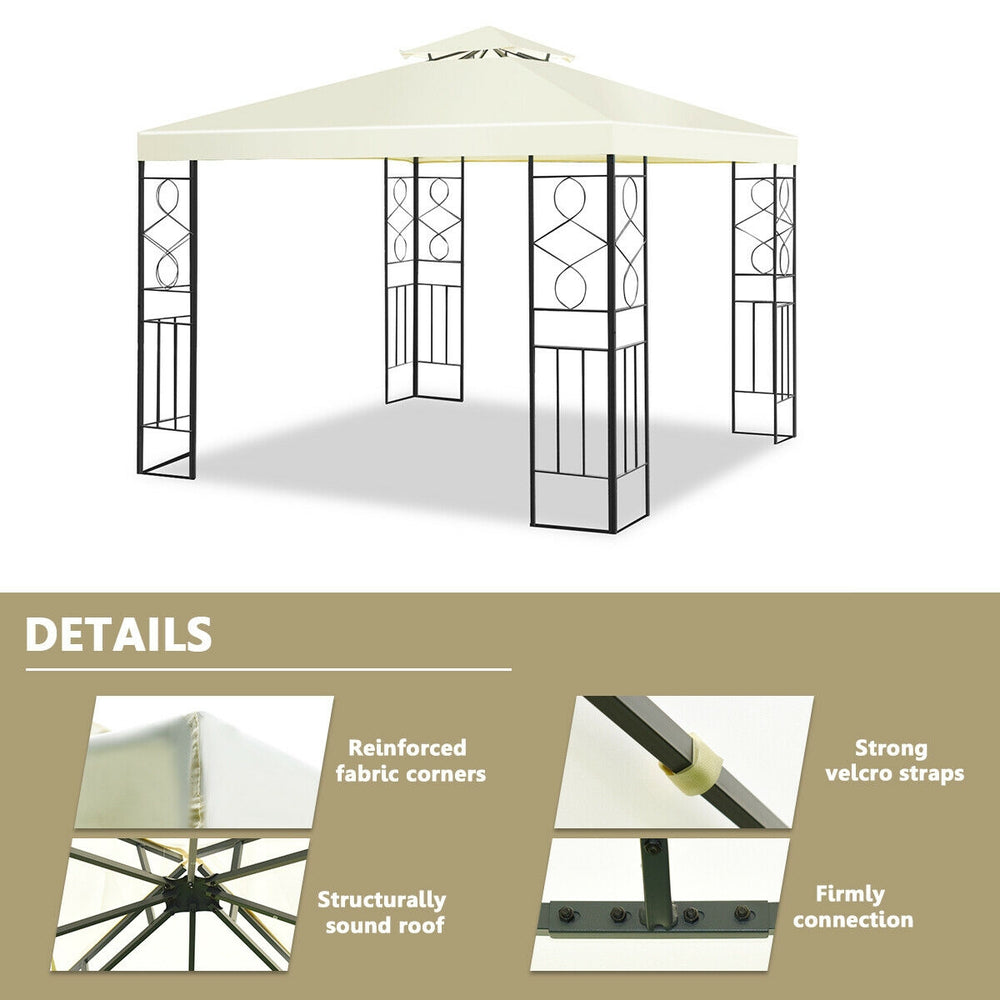10x10 feet patio gazebo canopy tent with a double tier roof, decorative patterns, and sturdy steel frame for outdoor.