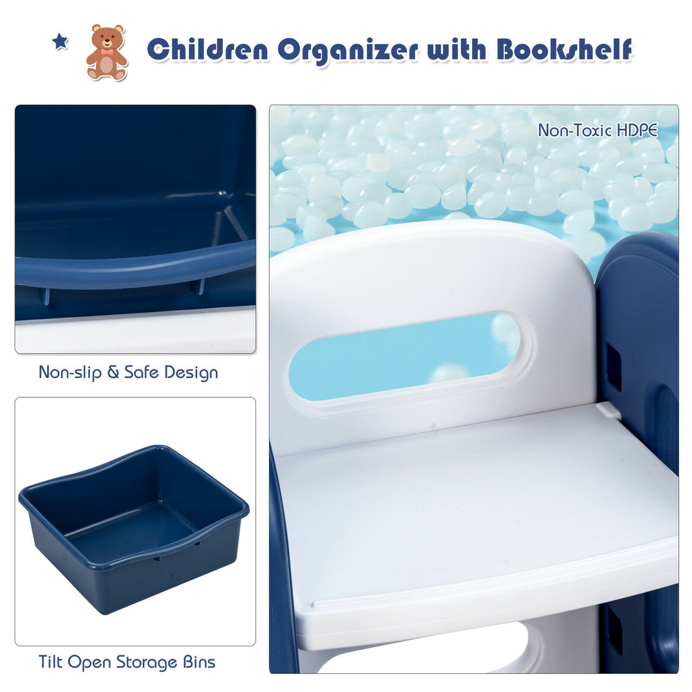 Kids toy storage organizer in blue with 6 bins and bookshelf, featuring a non-toxic HDPE design for safe play.