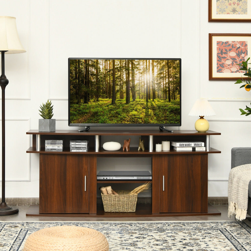 Walnut 63-inch TV entertainment console with 2 cabinets and open shelves, perfect for living room or bedroom use.