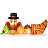Thanksgiving inflatable turkey featuring a festive hat, lighted pumpkins, and a cornucopia for cheerful outdoor decor.