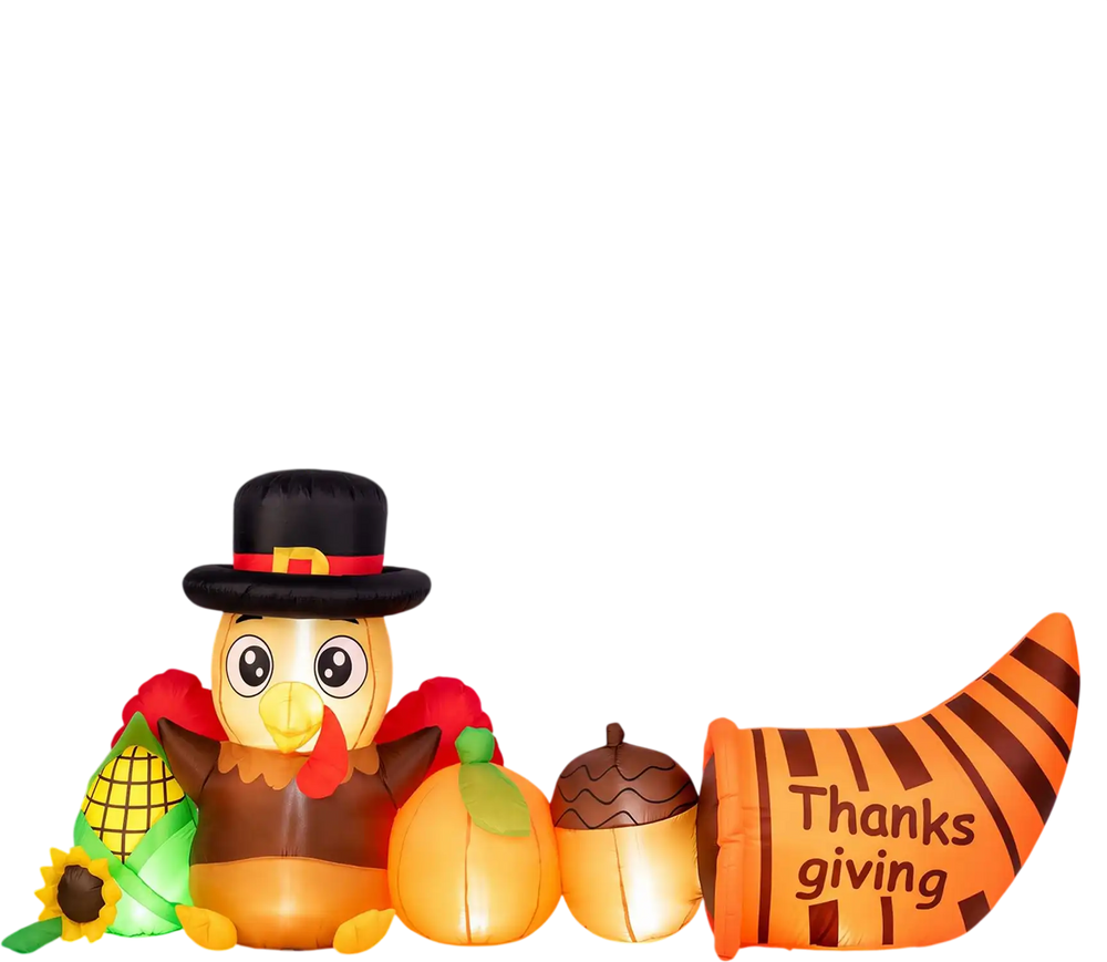 Thanksgiving inflatable turkey with built-in lights, cornucopia, pumpkin, and pinecone for festive outdoor decoration.