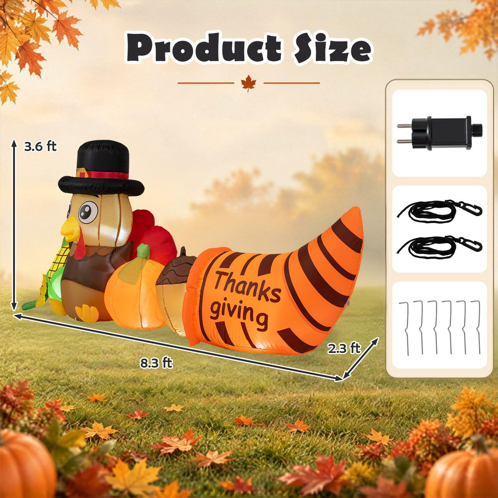Thanksgiving inflatable turkey measuring 8.3 ft with built-in lights, perfect for festive outdoor decorations.