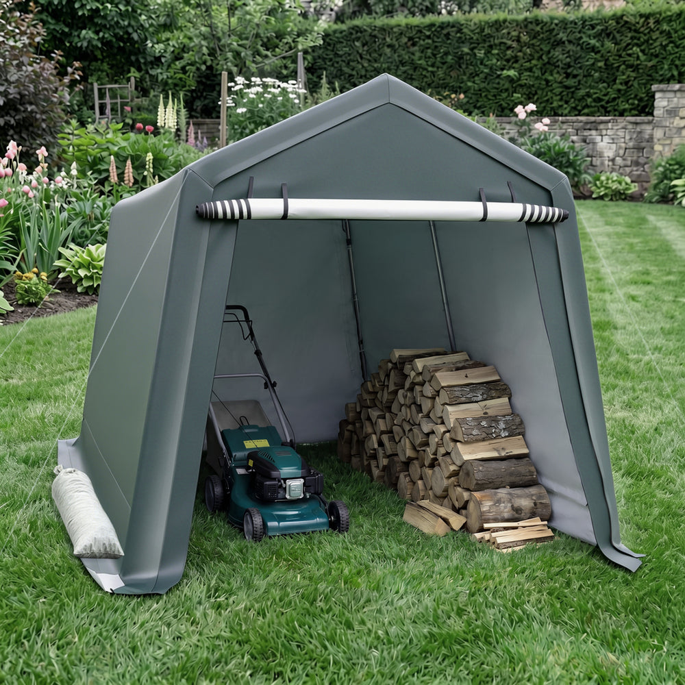 Outdoor storage shed featuring a roll-up zipper door, made of durable PE fabric, ideal for lawn mowers and garden tools.
