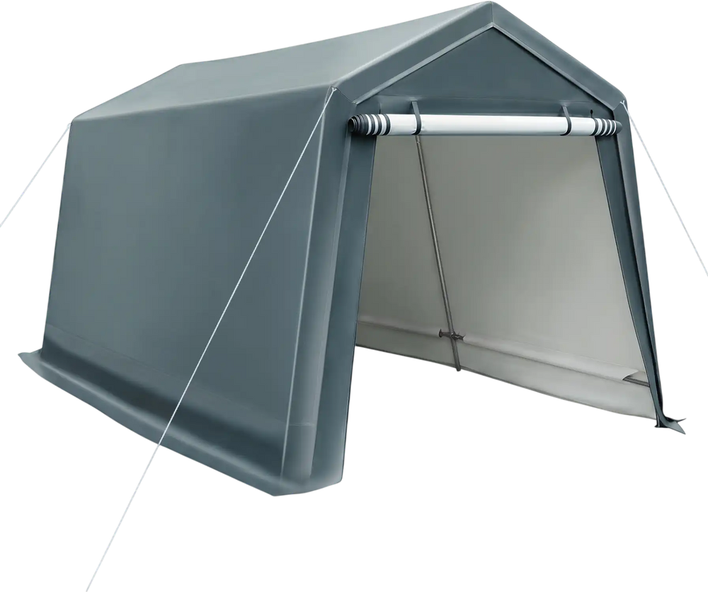 Outdoor storage shed measuring 8.3 x 14 feet with a roll-up zipper door, ideal for bikes and garden tools.