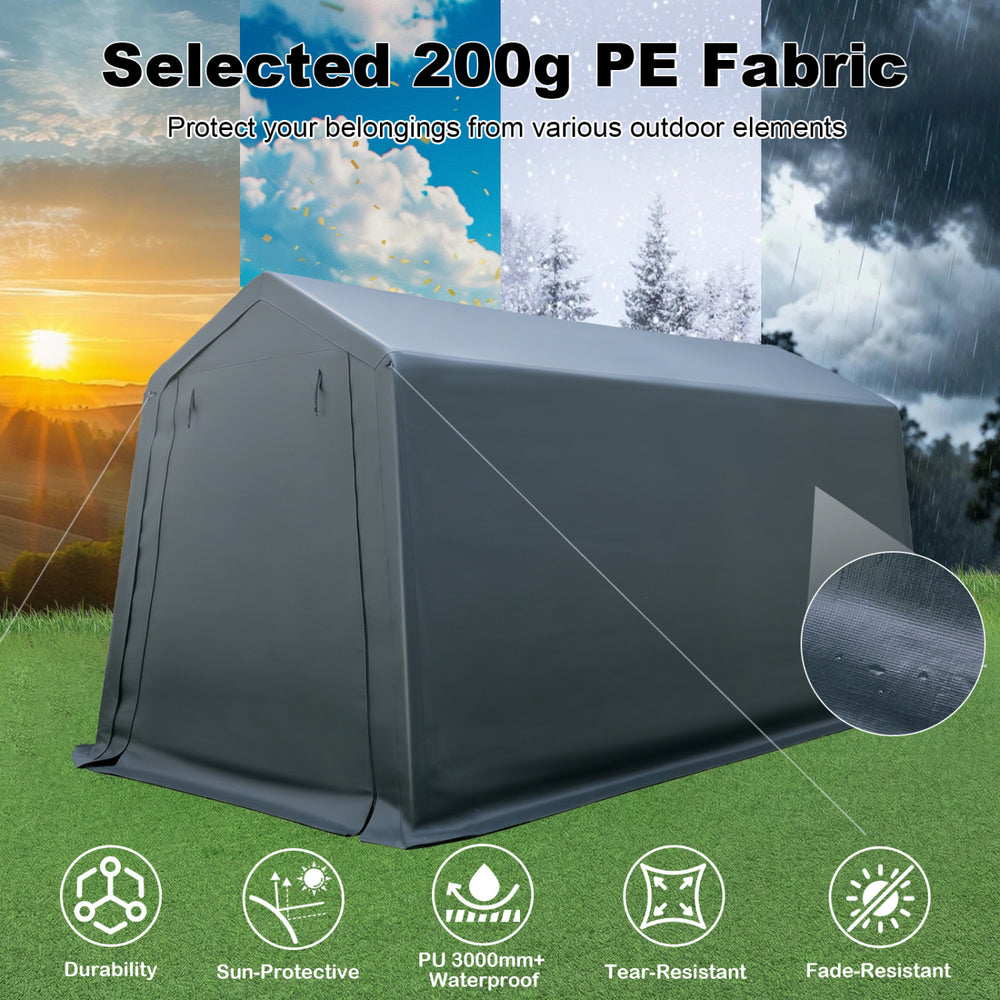 Outdoor storage shed made of durable 200g PE fabric, featuring a roll-up zipper door for easy access and ventilation.