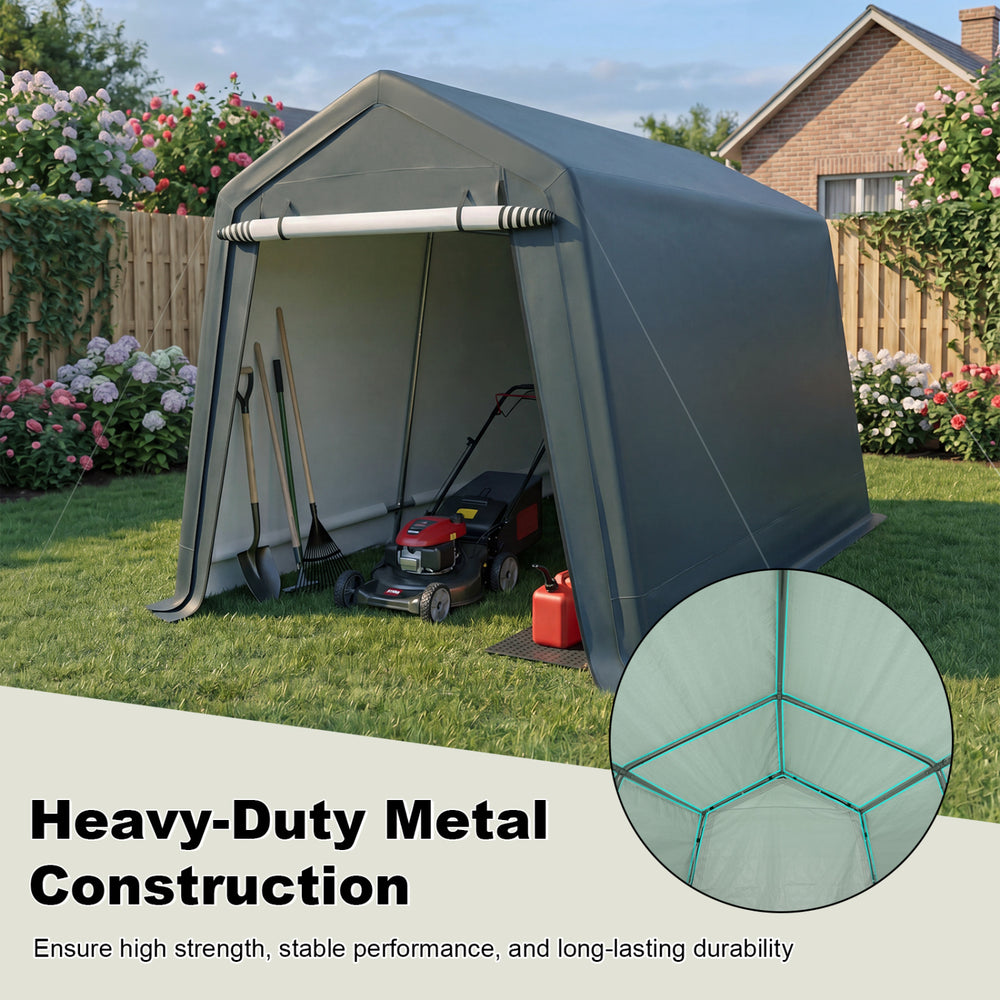 Outdoor storage shed with heavy-duty metal construction and roll-up zipper door for easy access to garden tools.