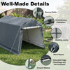 Outdoor storage shed with roll-up zipper door, made of durable PE fabric, ideal for garden tools and equipment.