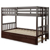 Twin pull-out bunk bed in espresso with wooden ladder and trundle, featuring full-length guardrails for safety.
