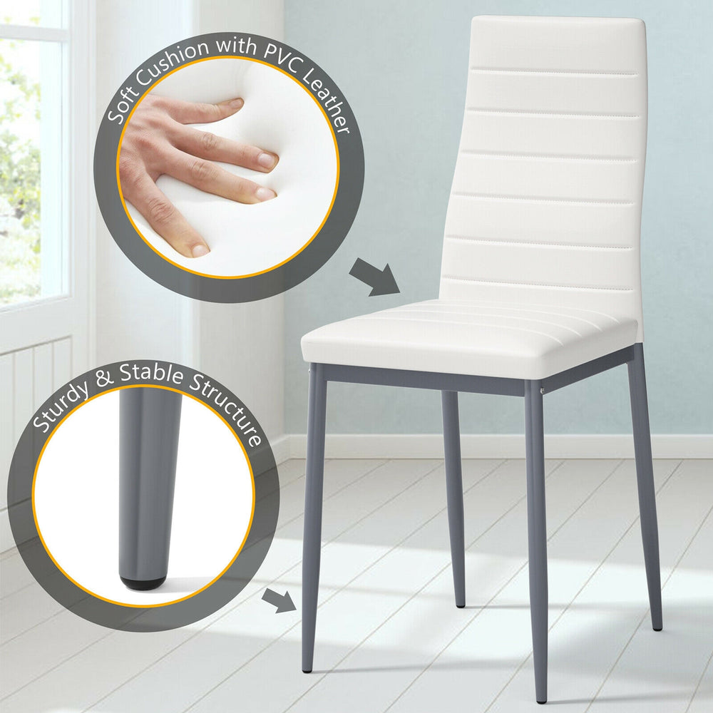 White PVC leather dining chair with soft cushion, featuring a sturdy structure, ideal for dining rooms and kitchens.