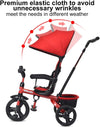 Red 4-in-1 kids tricycle showcasing the premium elastic canopy designed to prevent wrinkles and provide UV protection.