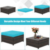 Turquoise cushioned ottoman from a 5-piece patio furniture set, versatile for use as a coffee table or extra seating.