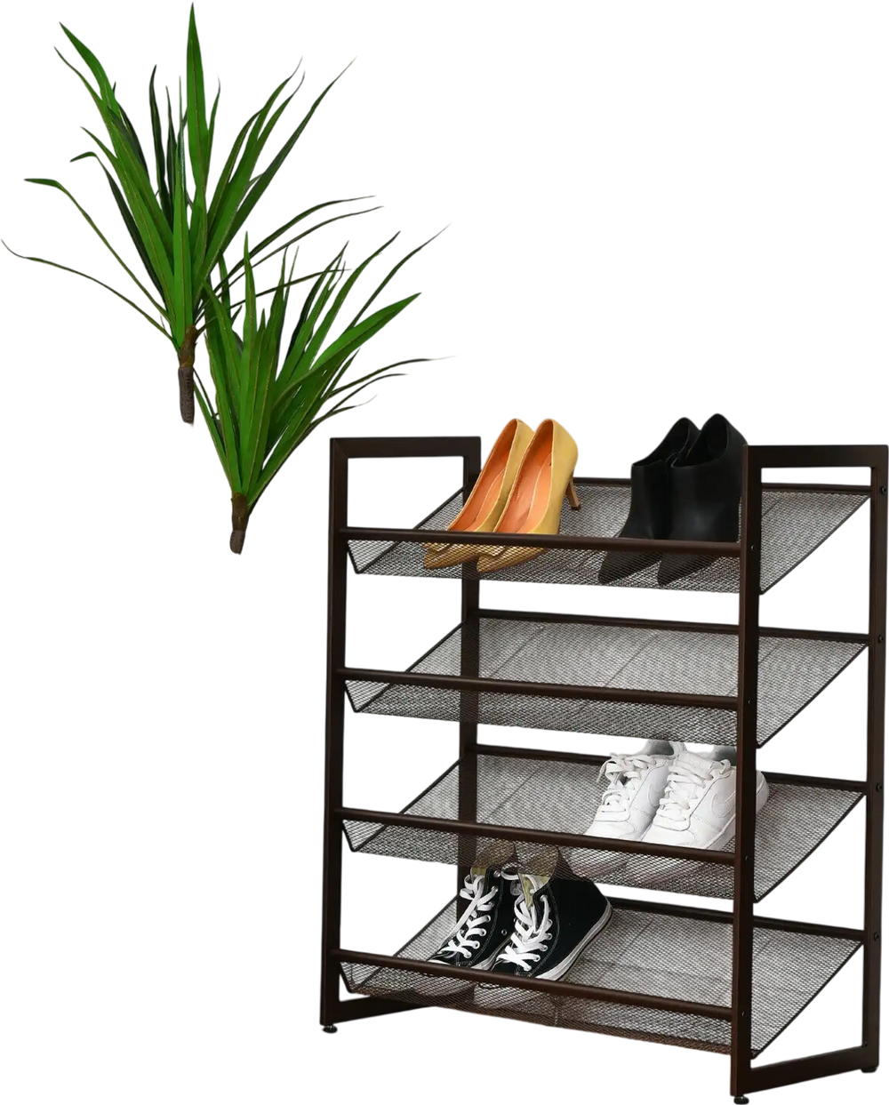 4-tier metal shoe rack with adjustable mesh shelves, perfect for organizing up to 16 pairs in entryways or hallways.