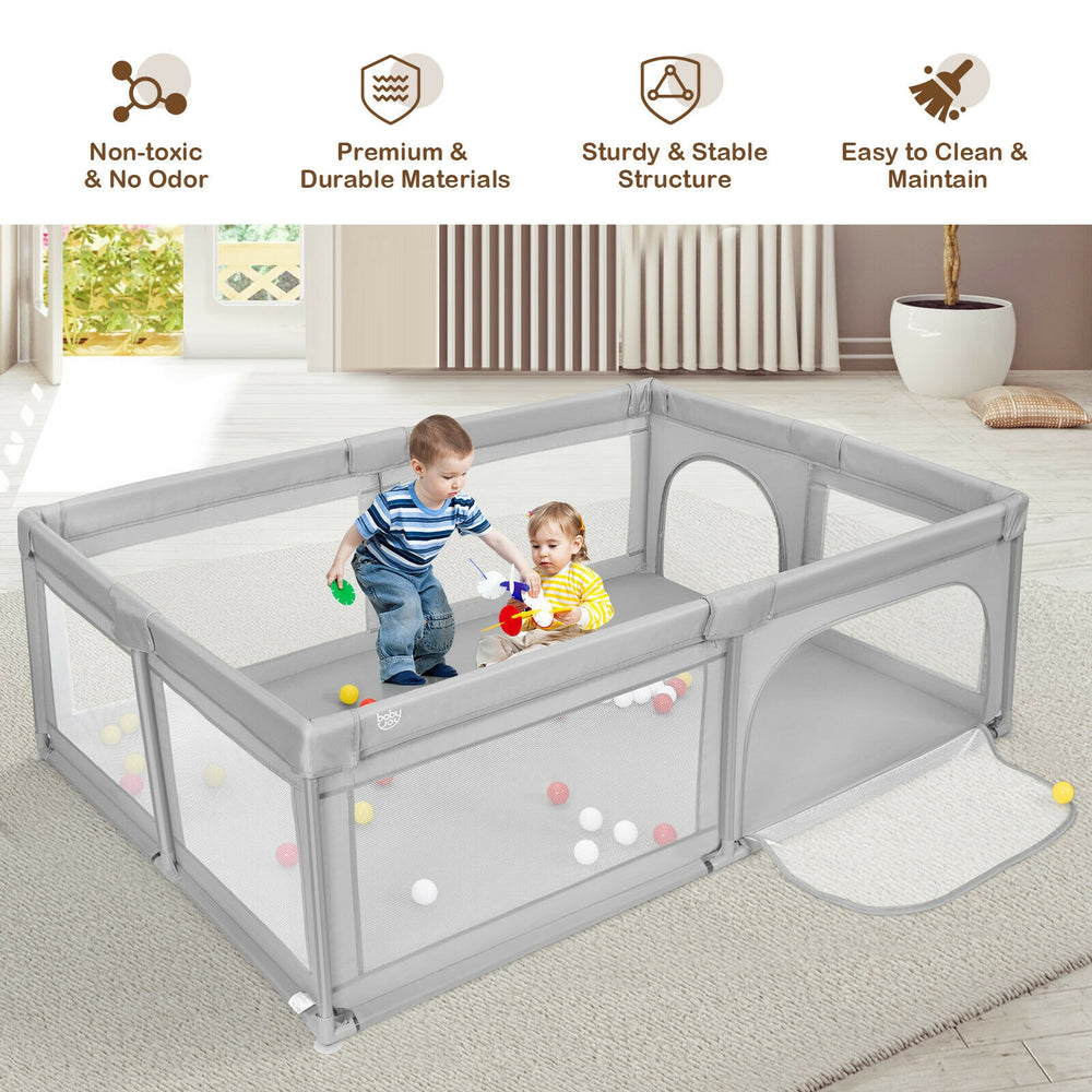 Extra-large gray safety baby fence with 50 ocean balls, made of durable 210D oxford cloth for secure playtime.
