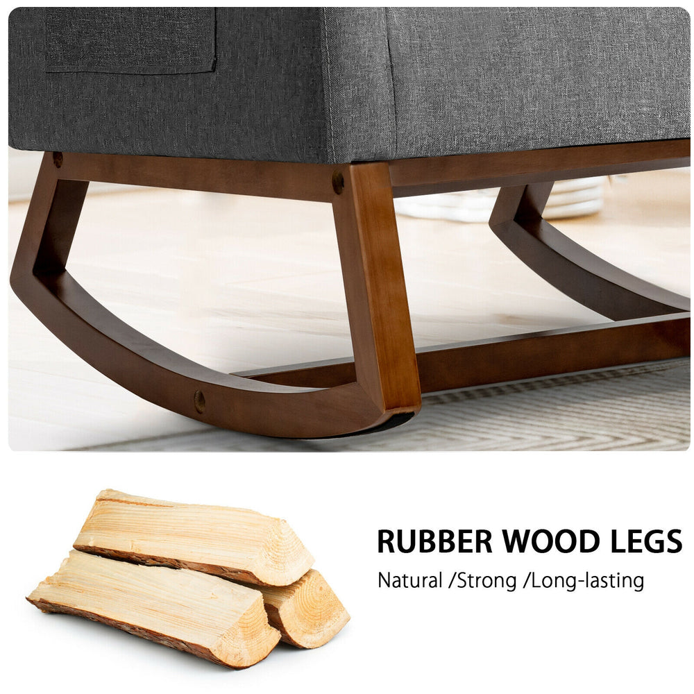 Rocking high back upholstered lounge armchair with rubberwood legs, featuring a side pocket for convenient storage.